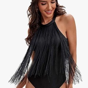 NEW Women’s Black Fringed Bodysuit, Sz LG
